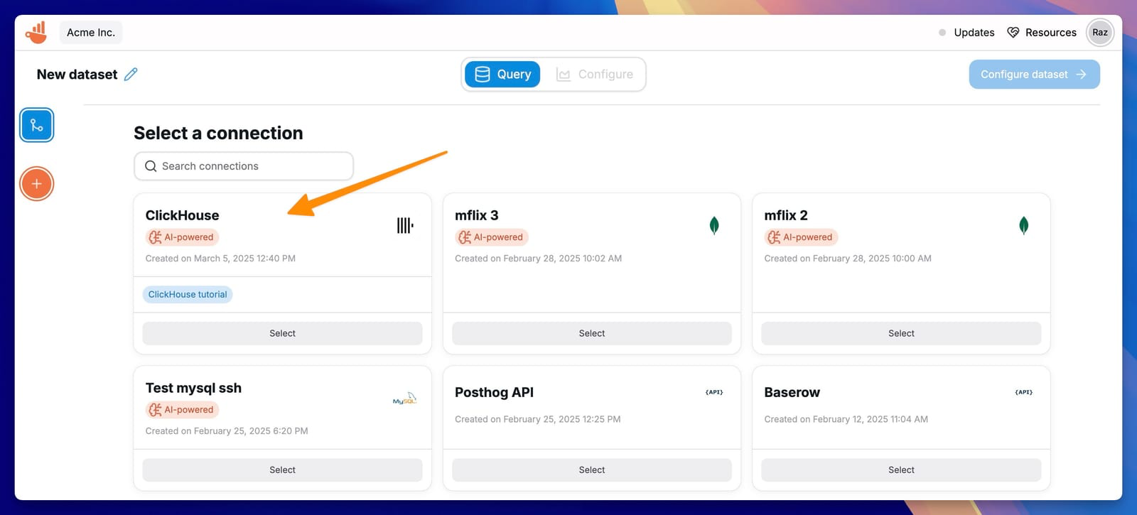 Выбор подключения ClickHouse для набора данных