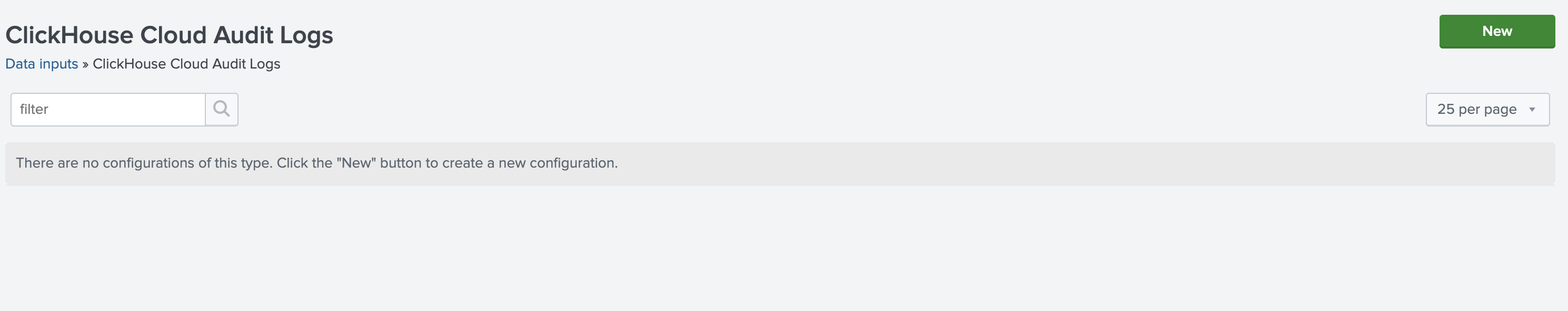 Страница Splunk Data inputs с опцией ClickHouse Cloud Audit Logs