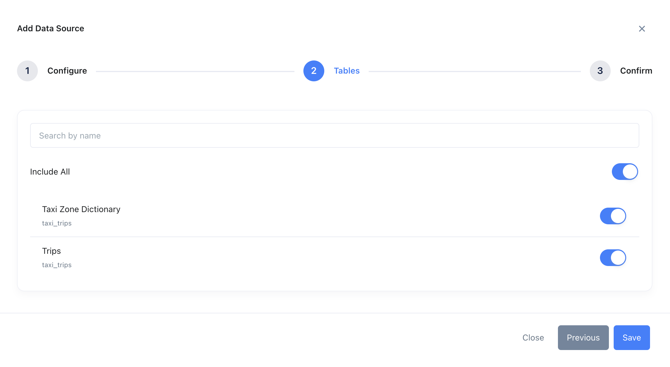Интерфейс выбора таблиц Zing Data, показывающий доступные таблицы ClickHouse с флажками